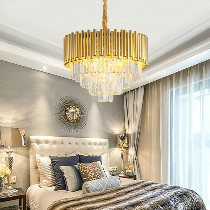 Contemporary 3-Tier Circle Metal Pendant Chandelier Light with K9 Block, Brass Finish