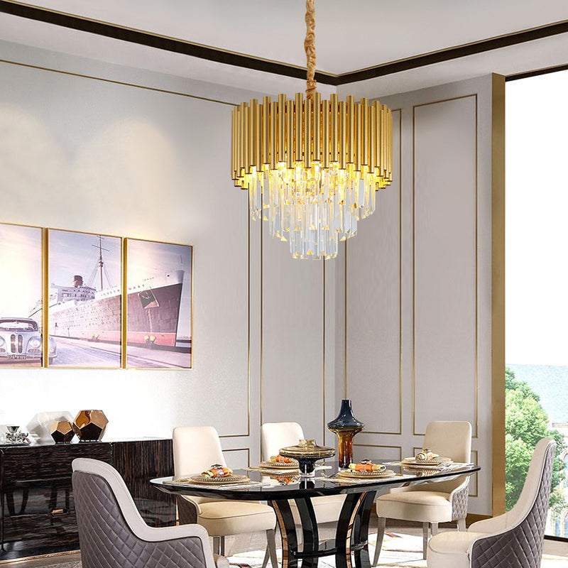 Contemporary 3-Tier Circle Metal Pendant Chandelier Light with K9 Block, Brass Finish