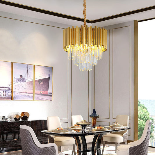 Contemporary 3-Tier Circle Metal Pendant Chandelier Light with K9 Block, Brass Finish