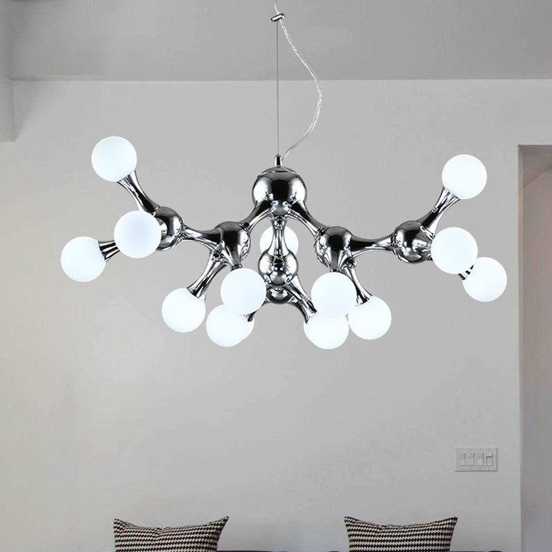Lustre contemporain en métal avec abat-jour en verre blanc et finition chromée