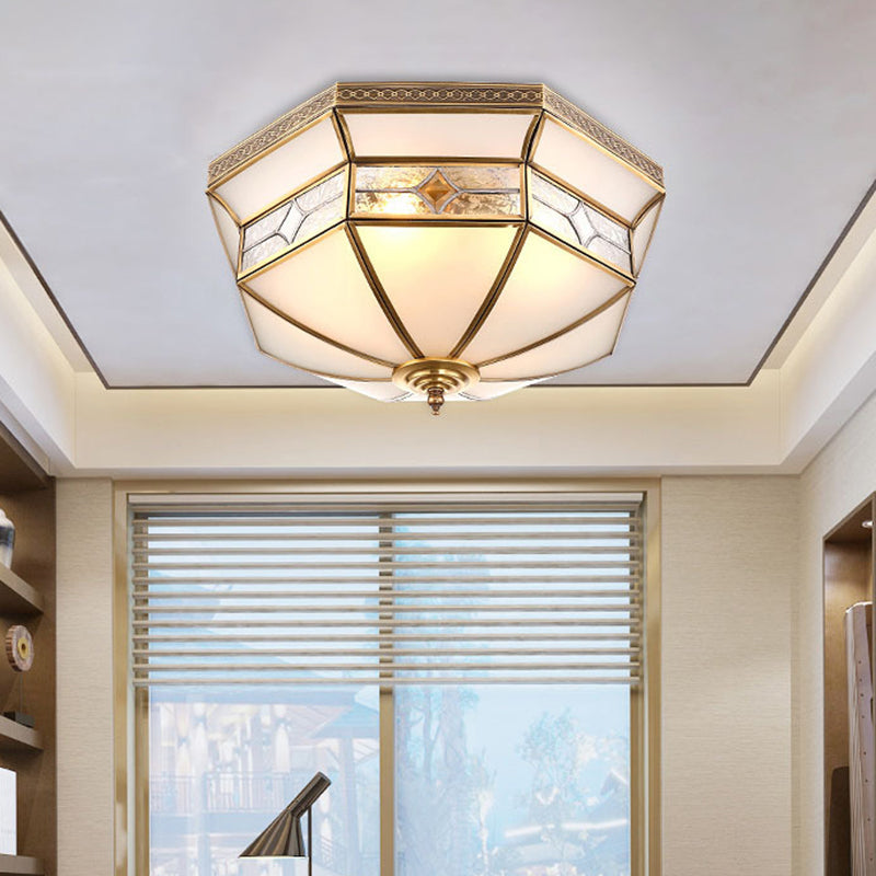 Opaline Glass Dome Ceiling Flush Light with Brass Finish - 3/4-Light 14"/18" - Warehouse Style