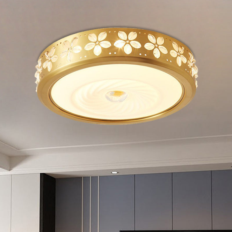 Rustic Drum Style Flush Light with Cream Glass & LED, Ceiling Mounted Fixture, Brass"
