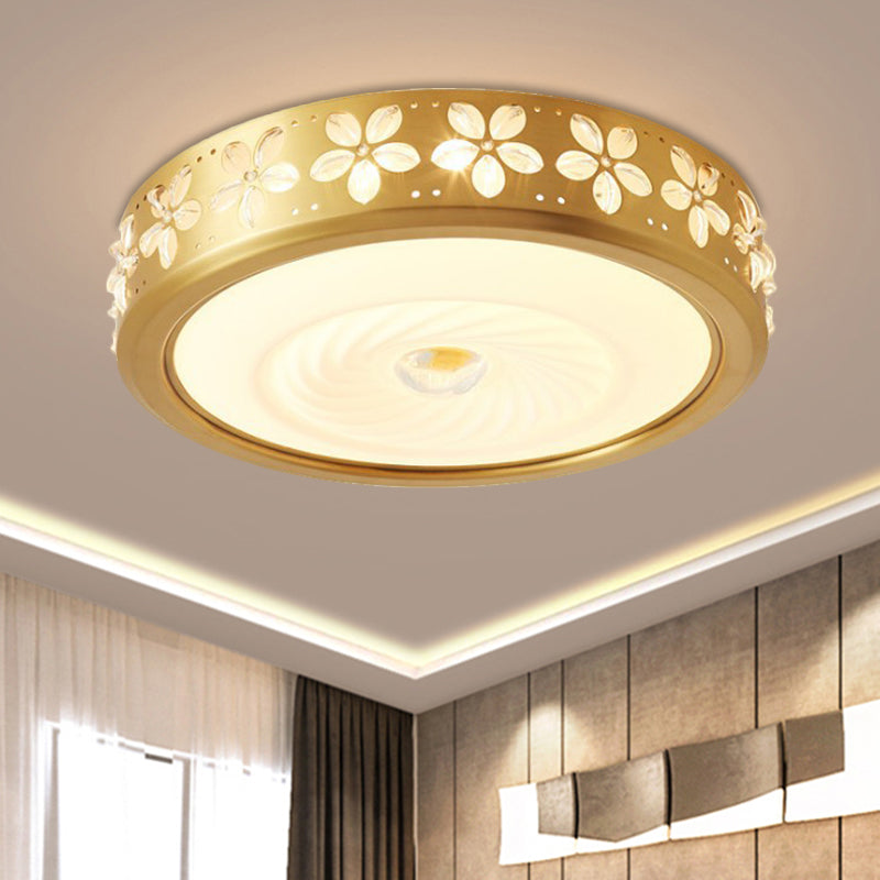Rustic Drum Style Flush Light with Cream Glass & LED, Ceiling Mounted Fixture, Brass"
