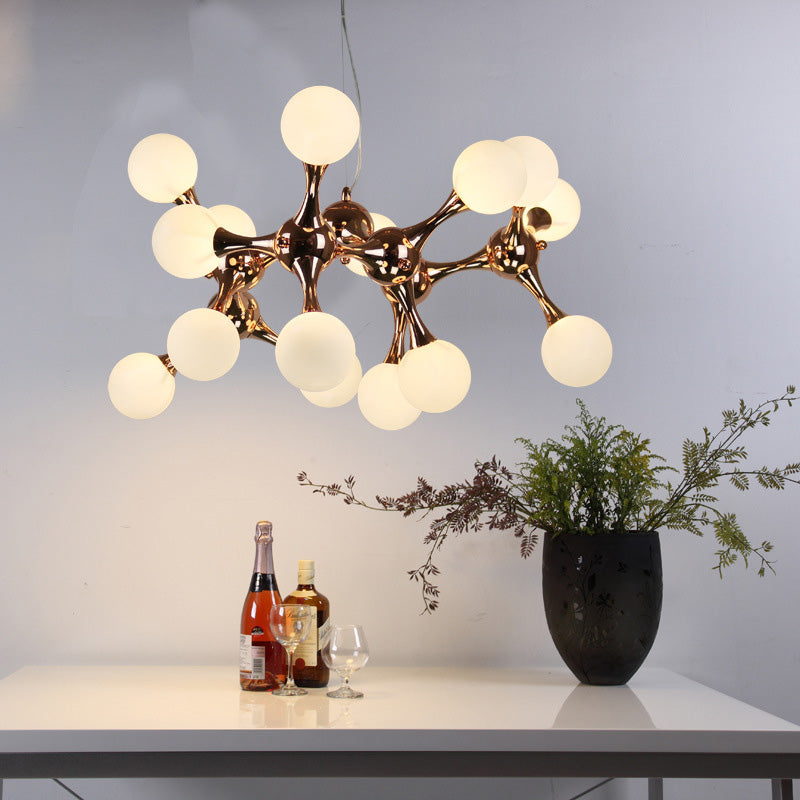 Contemporary Metal Chandelier with 9/15 Lights: Starburst Style, Rose Gold Finish, White Glass Bubble Shade