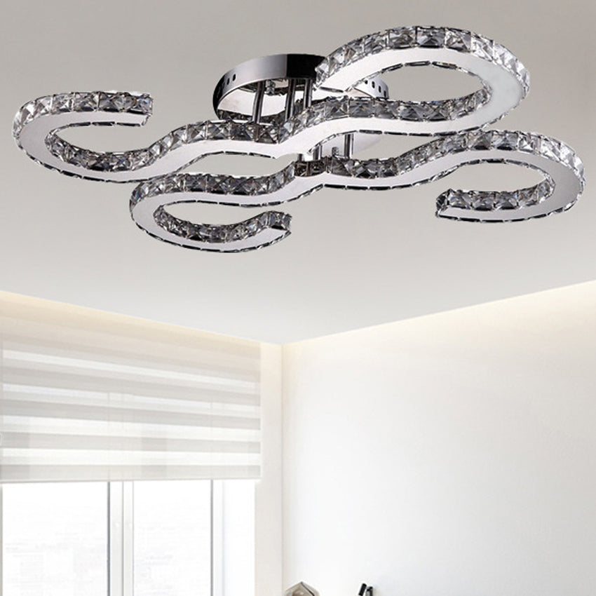 Applique murale moderne incurvée en cristal et métal en chrome pour chambre à coucher - Option d'éclairage chaud/blanc/3 couleurs