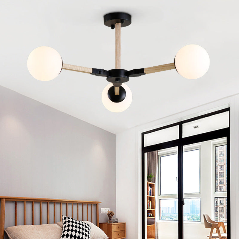Contemporary Wood Branch Chandelier With White/Black/Gold Finish 3/6/9 Lights And White Glass Shade