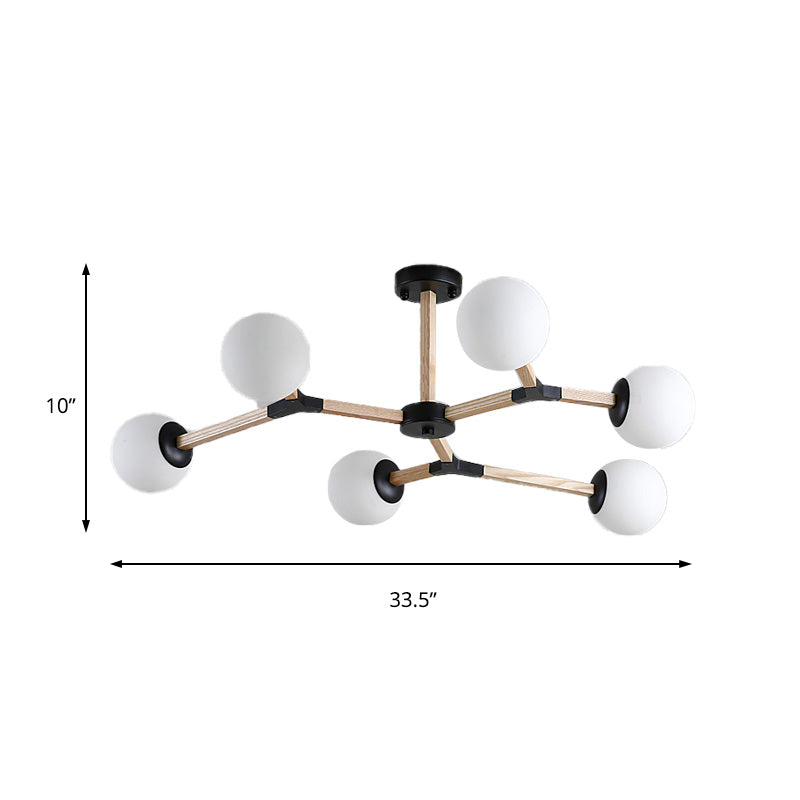 Contemporary Wood Branch Chandelier With White/Black/Gold Finish 3/6/9 Lights And White Glass Shade