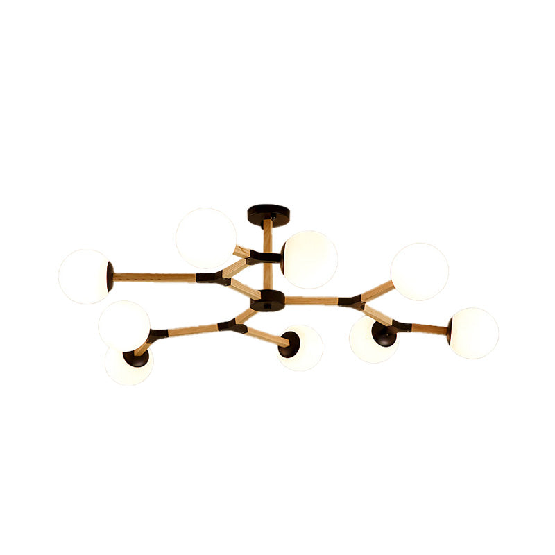 Contemporary Wood Branch Chandelier With White/Black/Gold Finish 3/6/9 Lights And White Glass Shade