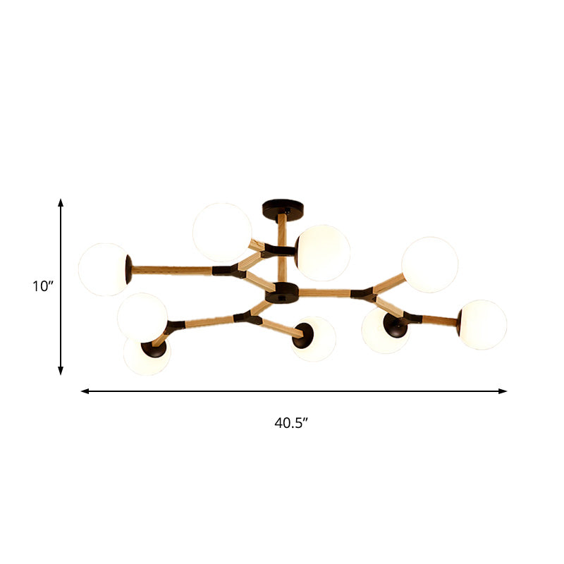 Contemporary Wood Branch Chandelier With White/Black/Gold Finish 3/6/9 Lights And White Glass Shade