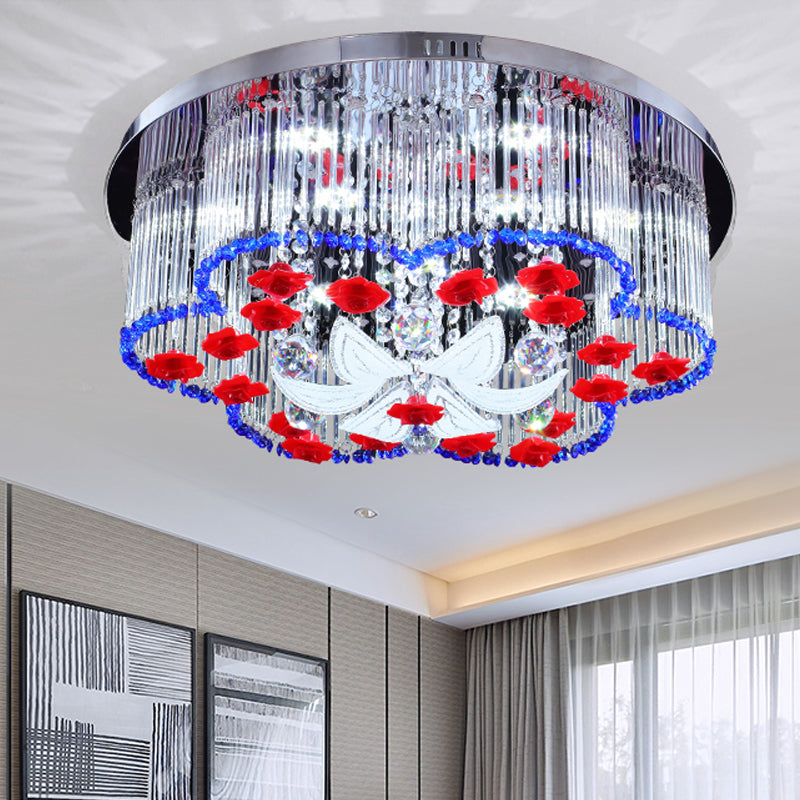 Modern LED Crystal Prism Ceiling Light with Flower Design in Blue and Red, 19.5"/23.5" Width