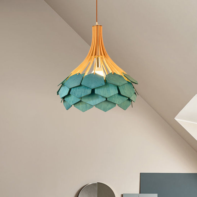 Modern Pine Cone Hanging Light Fixture - Wood Pendant Lamp For Dining Room With Red/Blue 1 Bulb