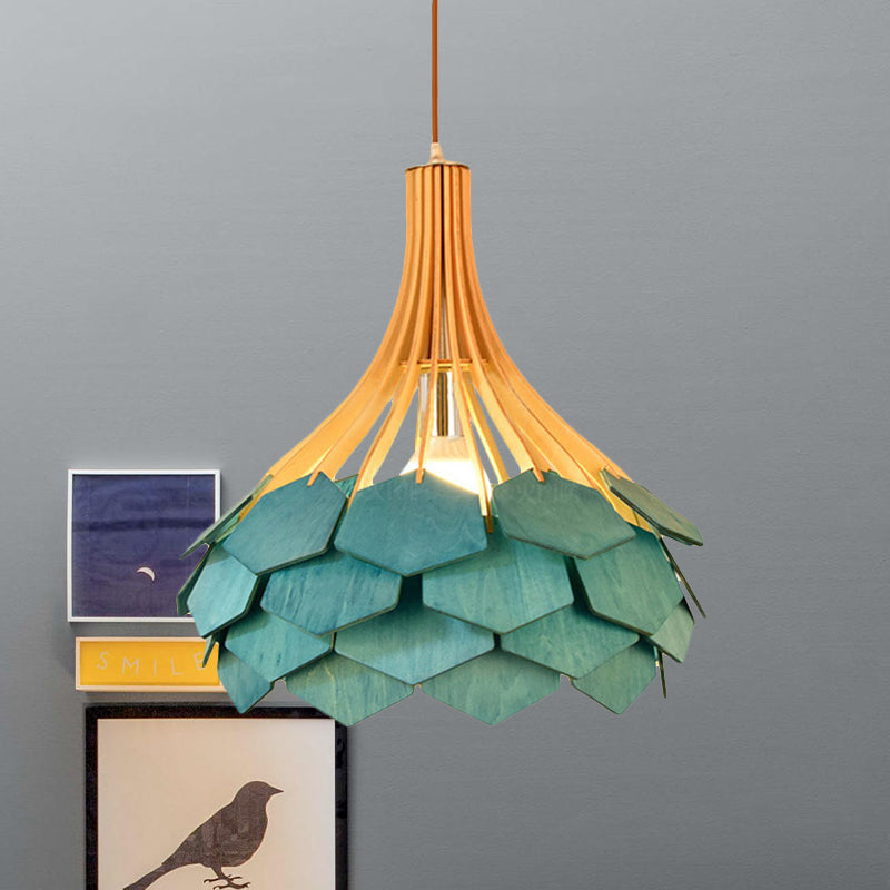 Modern Wood Pine Cone Pendant Lamp - Red/Blue 1-Bulb Hanging Light Fixture for Dining Room