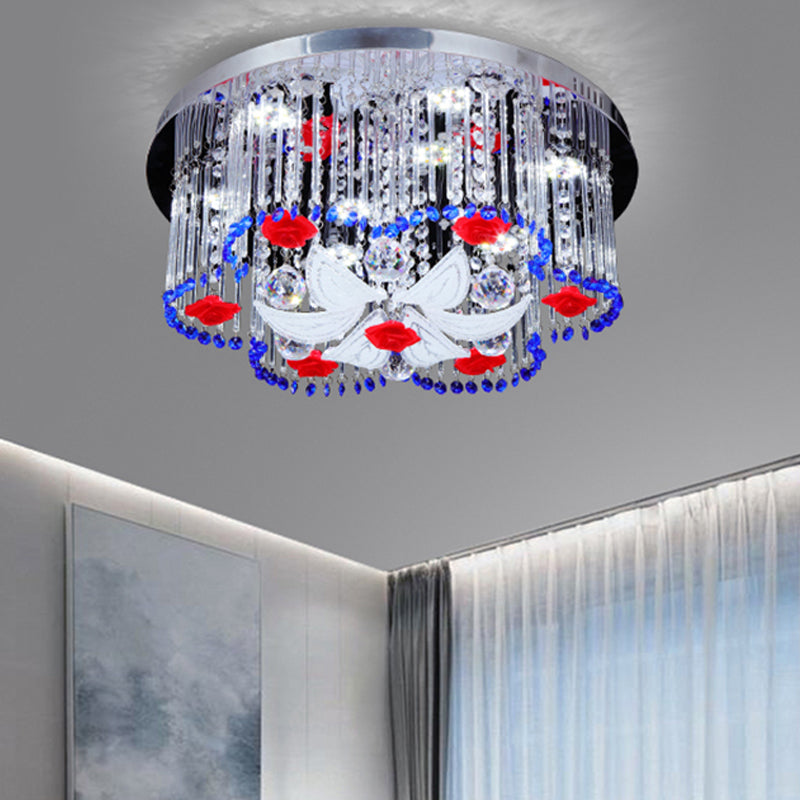 Modern LED Crystal Prism Ceiling Light with Flower Design in Blue and Red, 19.5"/23.5" Width