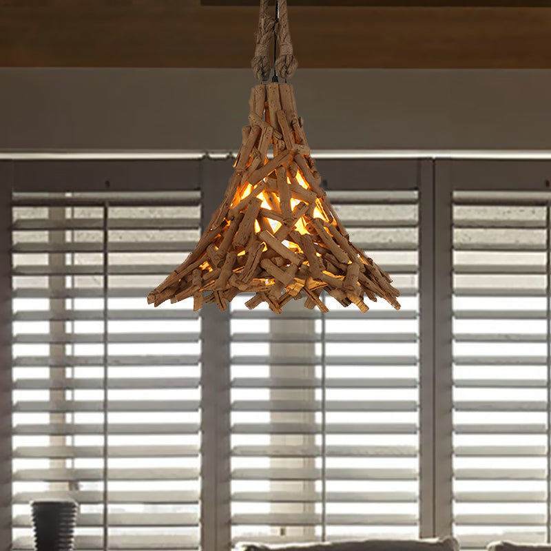 Flared Hanging Light Rustic Pendant With Wood Stick Design 1-Light Suspension In Beige - Indoor Use