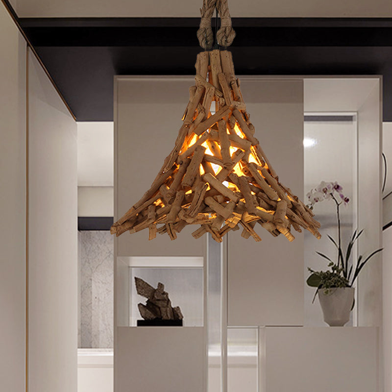 Flared Hanging Light Rustic Pendant With Wood Stick Design 1-Light Suspension In Beige - Indoor Use