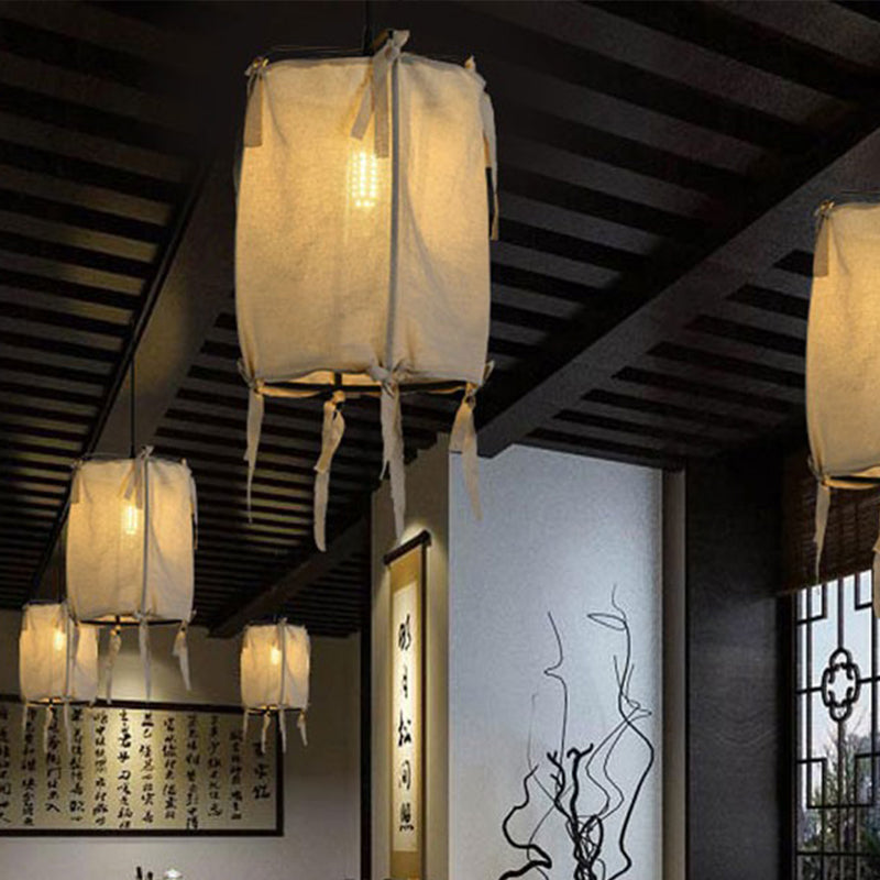 Modern Fabric Lantern Pendant Light for Restaurant - 1 Light, White, 3 Width Options