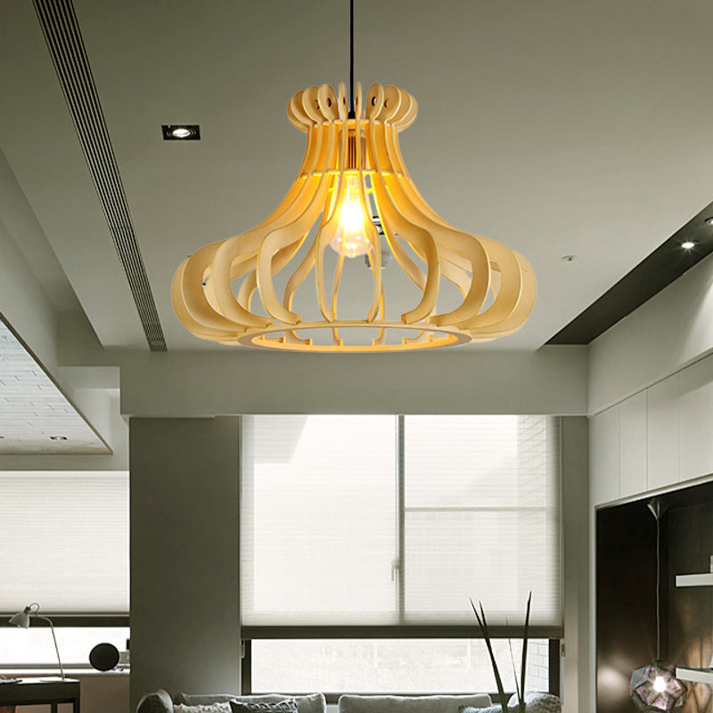Modern Onion-Shaped Pendant Wood 1-Light Hanging Lamp - Beige