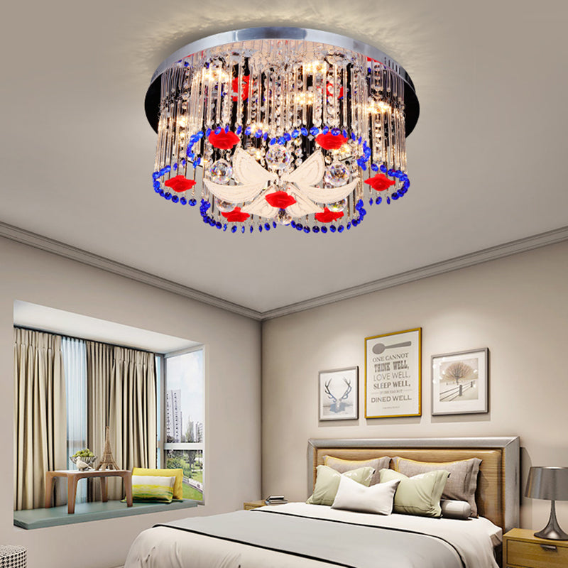 Modern LED Crystal Prism Ceiling Light with Flower Design in Blue and Red, 19.5"/23.5" Width