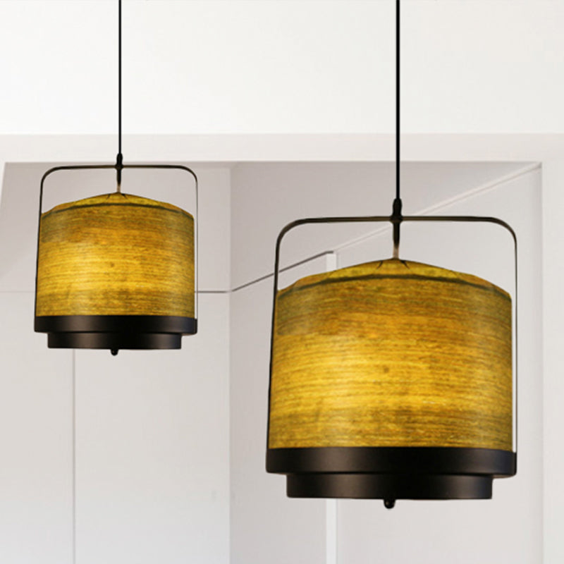 Modern Cylindrical Pendant Lamp 1 Light - Fabric, White/Red/Green - Dining Room Hanging Fixture