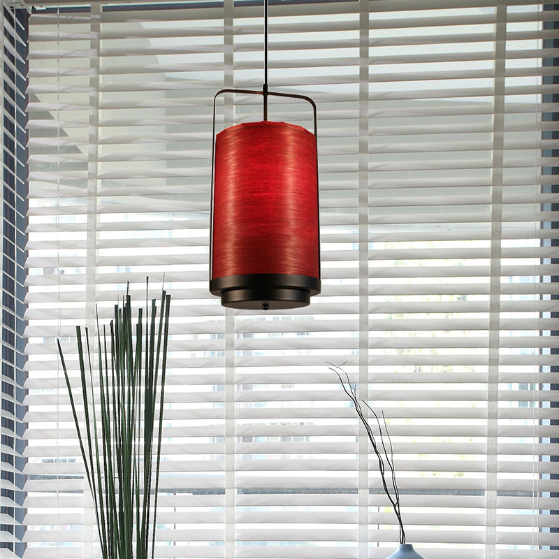 Modern Cylindrical Pendant Lamp 1 Light - Fabric, White/Red/Green - Dining Room Hanging Fixture