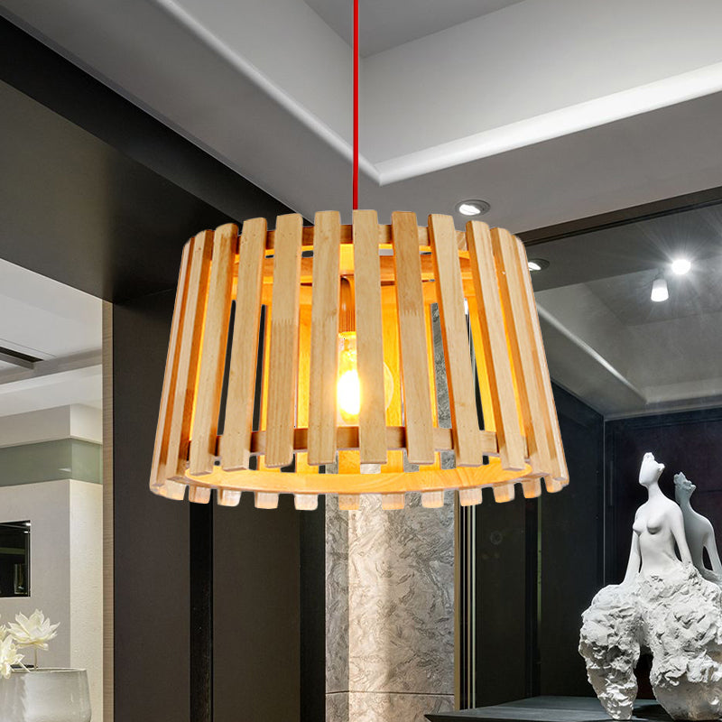 Contemporary Wood Slatted Drum Pendant Light in Beige - Ideal for Bedroom