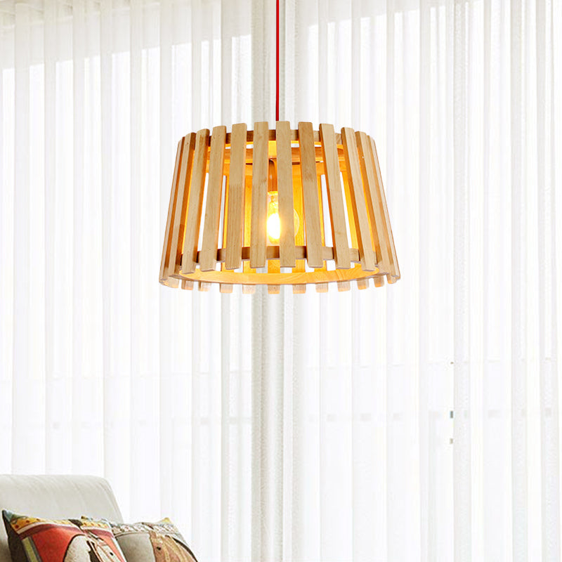 Contemporary Wood Slatted Drum Pendant Light in Beige - Ideal for Bedroom