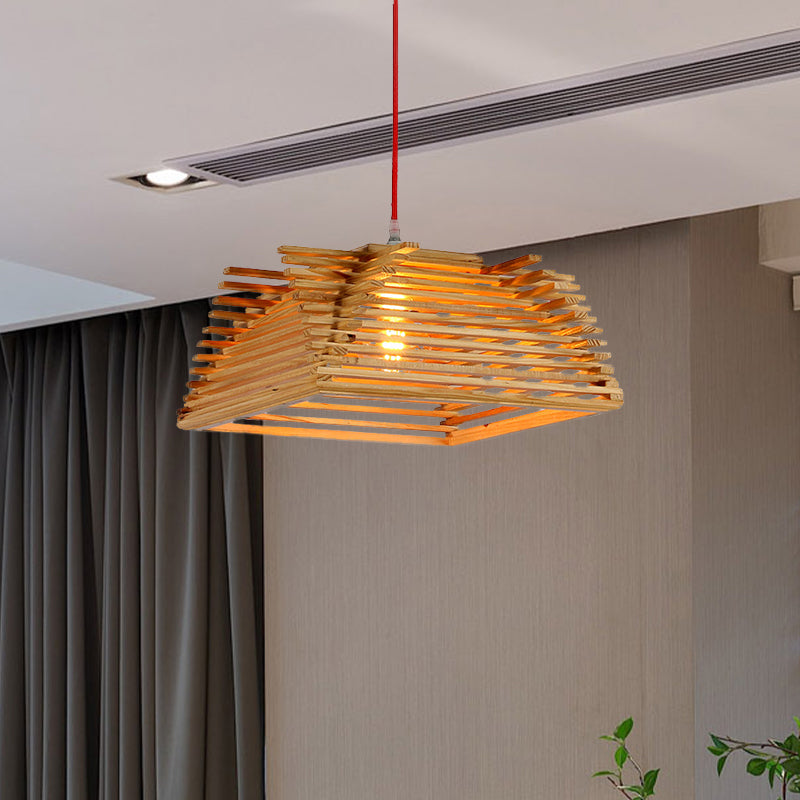 Asian Inspired Wooden Square Pendant Light With Adjustable Cord - 1-Light Beige Hanging Lamp For