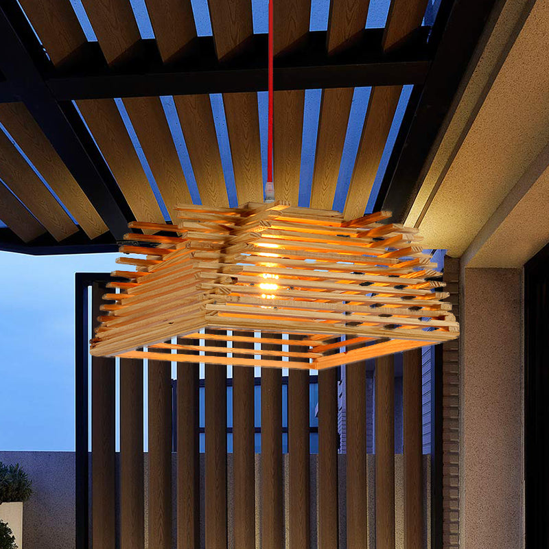 Asian Inspired Wooden Square Pendant Light With Adjustable Cord - 1-Light Beige Hanging Lamp For