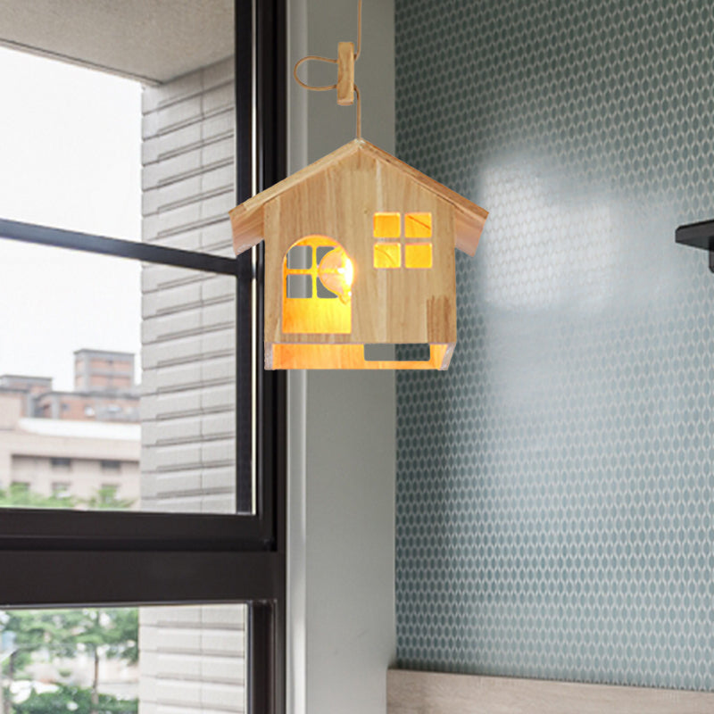 Modern Wooden House Pendant Lamp - 1-Light Natural Wood Hanging Light for Dining Room with Adjustable Cord