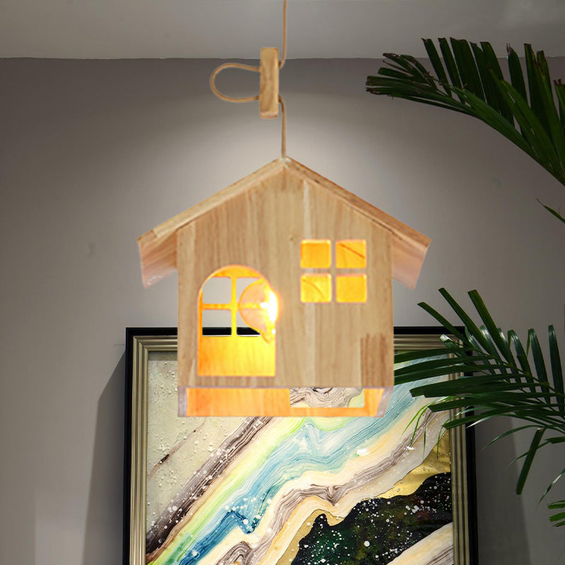 Modern Wooden House Shaped Pendant Lamp With Adjustable Cord - Natural Wood 1-Light Hanging Light