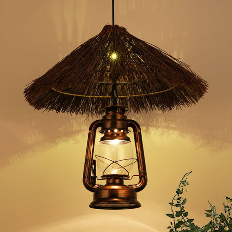 Rustic Hand-Woven Rattan Pendant Light with Lantern Shade for Dining Room