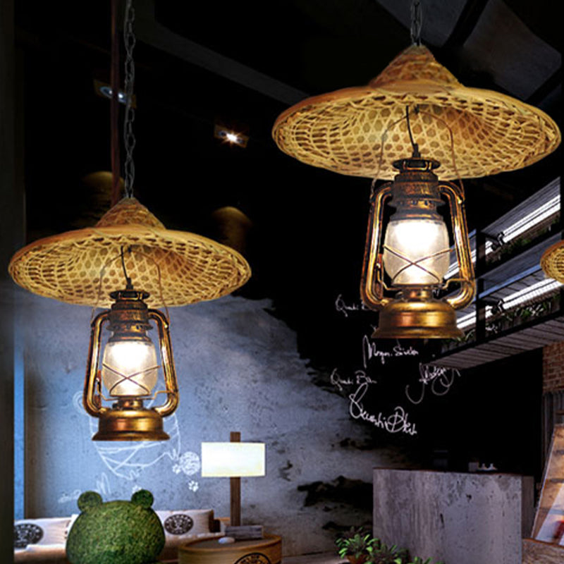 Country Style Metal Lantern Hanging Light - Beige Pendant with Rattan Hat Design, 12"/23.5" Width, 1 Bulb
