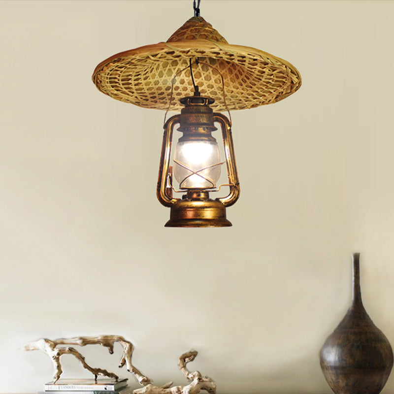 Country Style Metal Lantern Hanging Light - Beige Pendant with Rattan Hat Design, 12"/23.5" Width, 1 Bulb