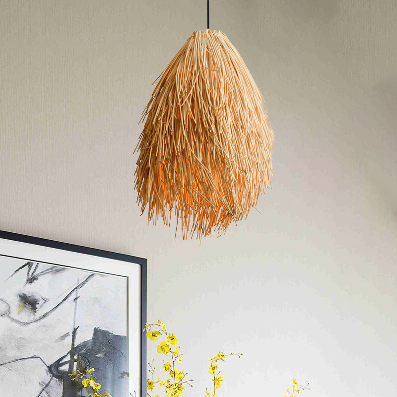 Gisalie - Lampe suspendue élégante en forme de larme beige Luminaire suspendu asiatique élégant en rotin à 1 ampoule pour restaurant