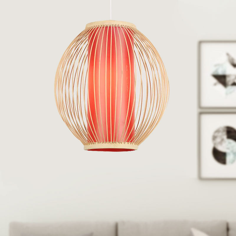 Luminaire suspendu en bambou avec suspension de style chinois - Lampe de cuisine Global à 1 lumière, abat-jour cylindrique rouge intérieur
