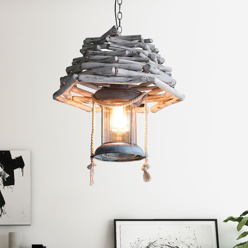 Vintage Wood Lantern Pendant Light - 1-Light Hanging Ceiling Lamp for Foyer - White
