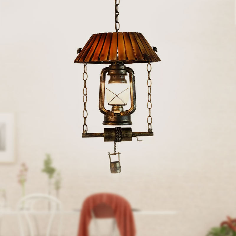 Vintage Wood & Iron Ceiling Light Lantern Pendant With Single Bulb Brown Hanging For Indoor Décor