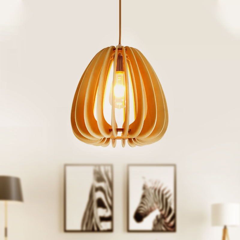 Curved Wood Pendant Ceiling Light for Contemporary Dining Room - Beige, 1-Light