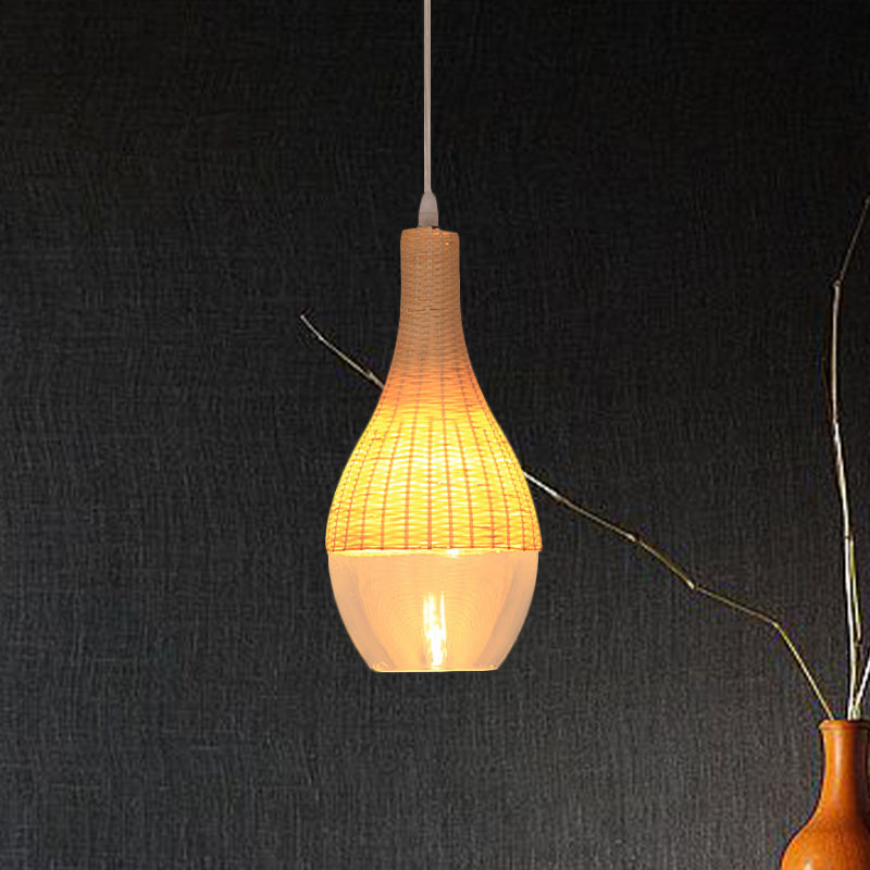 Lampe suspendue moderne en bambou - 6"/10" de large, en forme de larme/d'oignon, une seule lumière, lampe à suspension jaune avec abat-jour en verre transparent