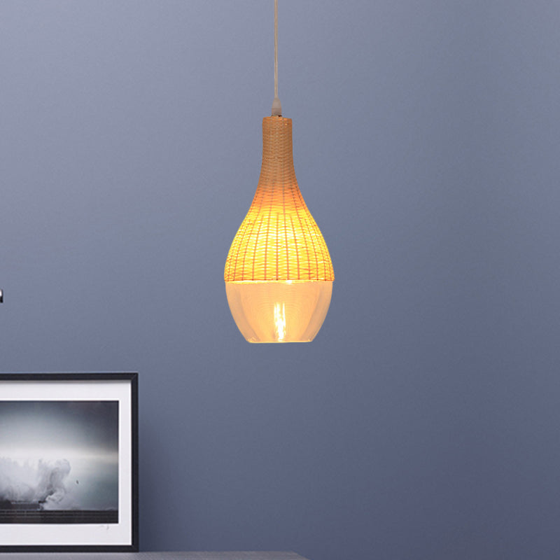 Lampe suspendue moderne en bambou - 6"/10" de large, en forme de larme/d'oignon, une seule lumière, lampe à suspension jaune avec abat-jour en verre transparent