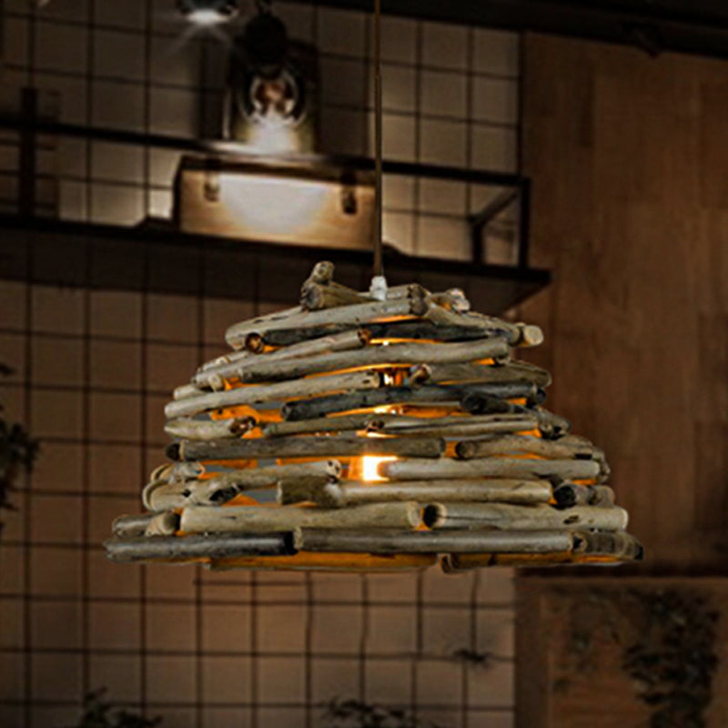 Country Style Wooden Stick Ceiling Light - 13/17 Wide Bowl Single Head Pendant For Farmhouse Décor
