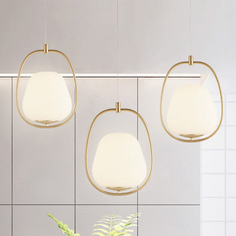 Modern Gold Iron Ring Pendant Lamp with White Glass - Oval Dining Room Fixture