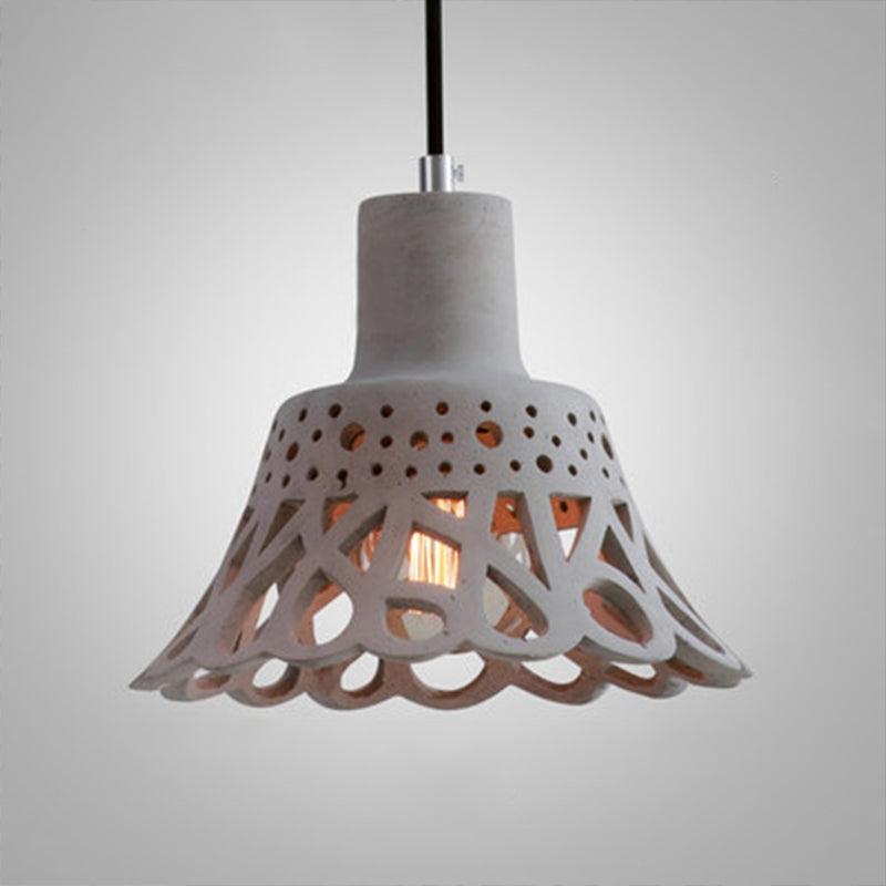 Nordic Style Etched Pendant Lighting: Concrete 1-Light Grey/White/Yellow with Geometric/Bell/Flared Shade