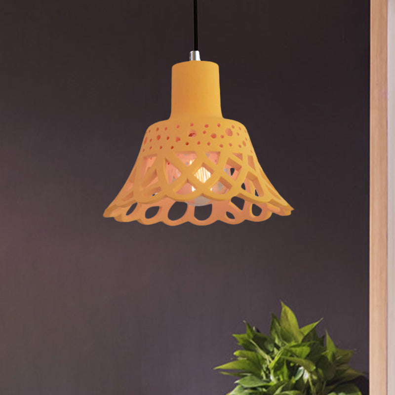 Nordic Style Etched Pendant Lighting: Concrete 1-Light Grey/White/Yellow with Geometric/Bell/Flared Shade