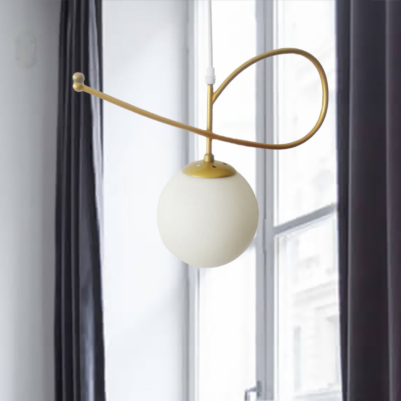 Gold Finished Bedroom Pendant Light With Contemporary Globe Shade In White Glass