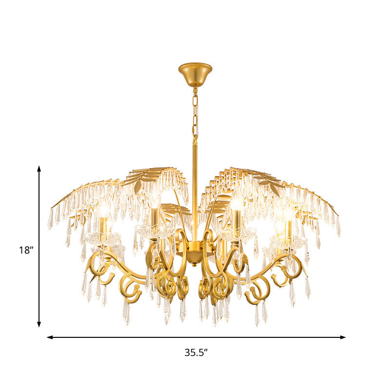 Vintage Style Branch Chandelier with Metal & Crystal Lights, Leaf Design in Gold