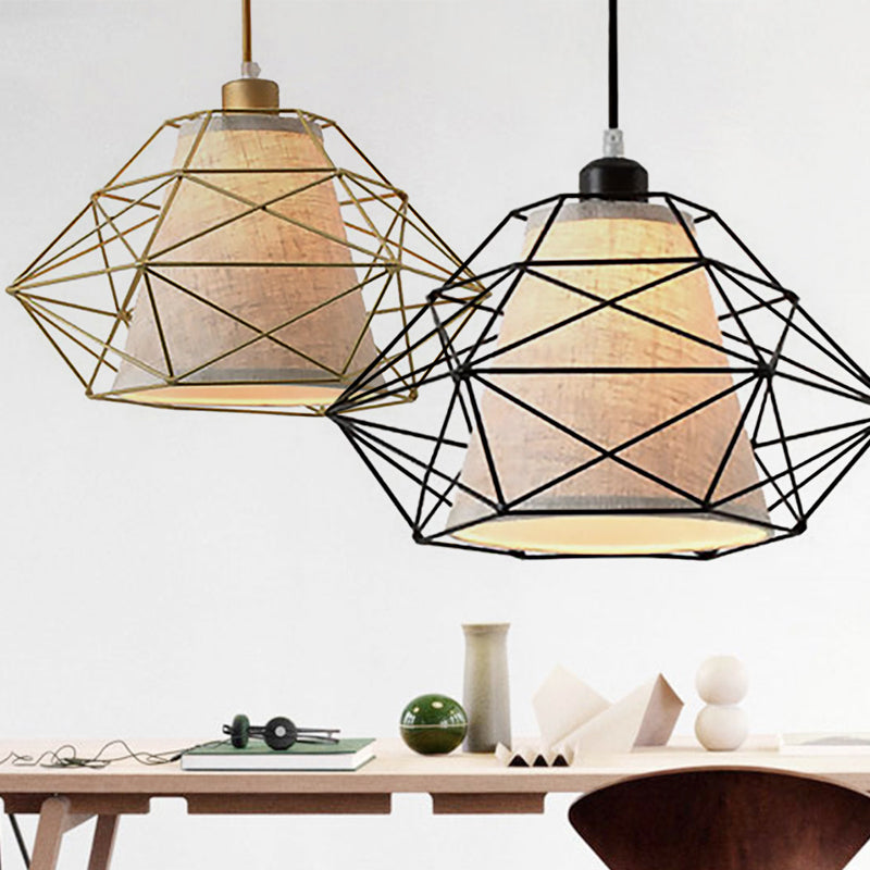 Modern Black/Gold Diamond Ceiling Lamp: 1-Light Wire Caged Hanging Light for Dining Room