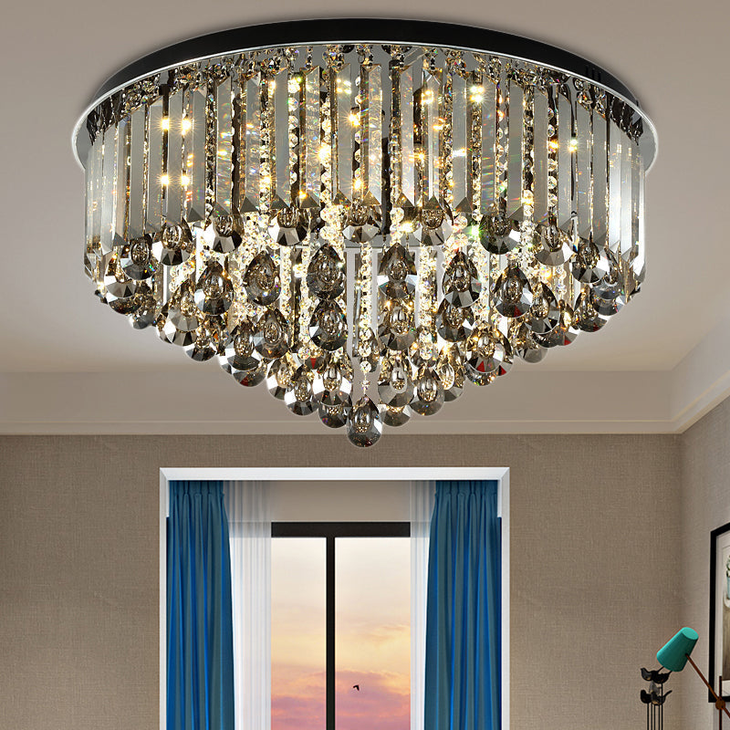 Contemporary Crystal LED Ceiling Lamp - 19.5"/23.5" Multi-Tier Flush Mount in Smoke Grey for Bedroom