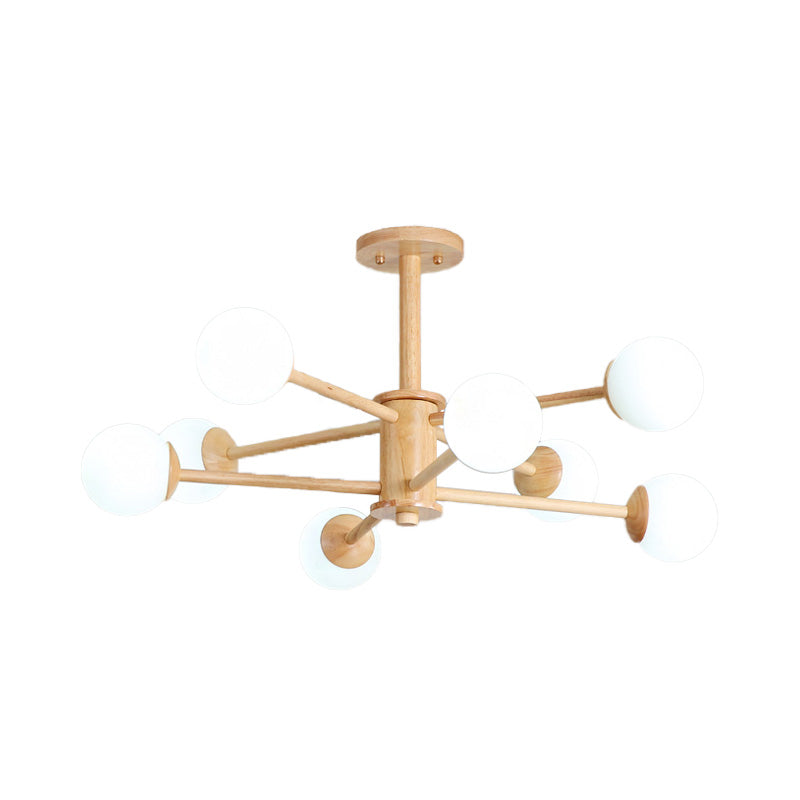 Lustre contemporain en bois en forme d'étoile avec abat-jour en boule de verre - Finition bois naturel - 6/8/12 lumières