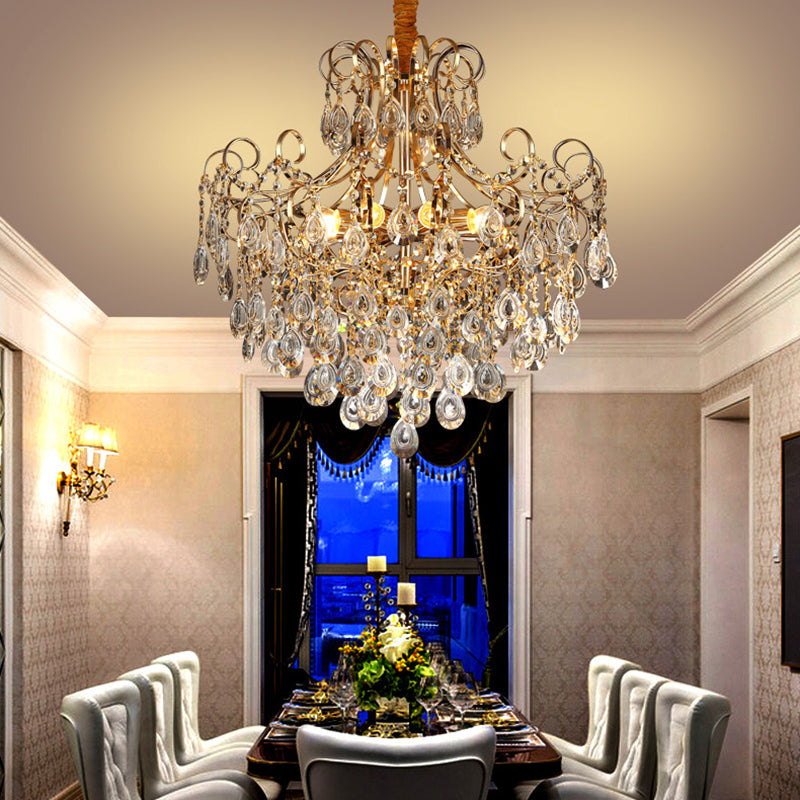 Gold Industrial Geometric Chandelier with Crystal Teardrop Shade - 5/6/8 Bulb Pendant Light